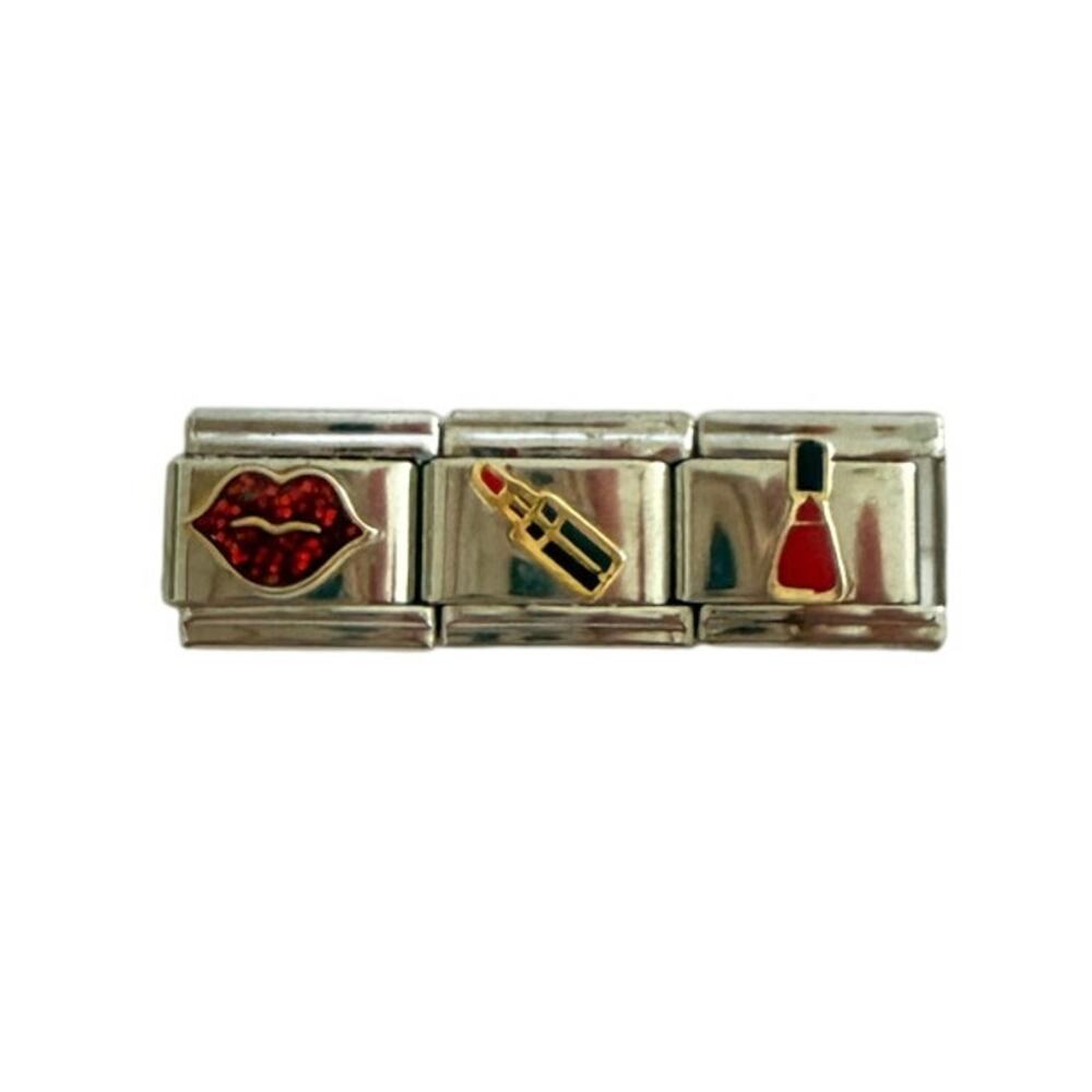 Red Lips Lipsticks Nail Polish 9mm Silver Stainless Steel Italian Charm Y2K NEW